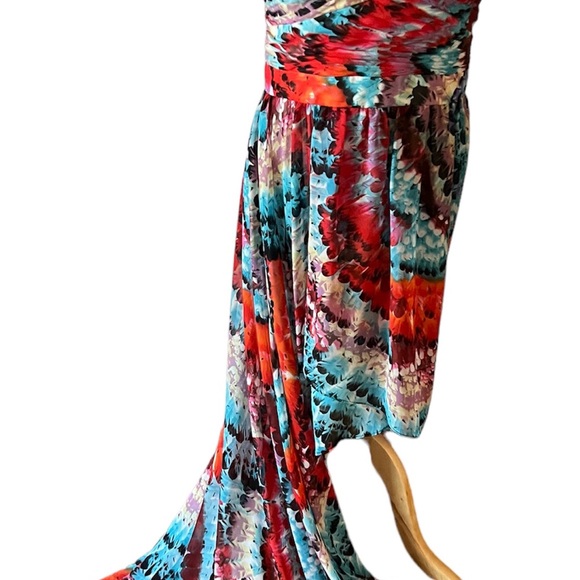 Aidan Mattox Hi Low Feather print strapless chiffon gown, Size 4 - Picture 8 of 9